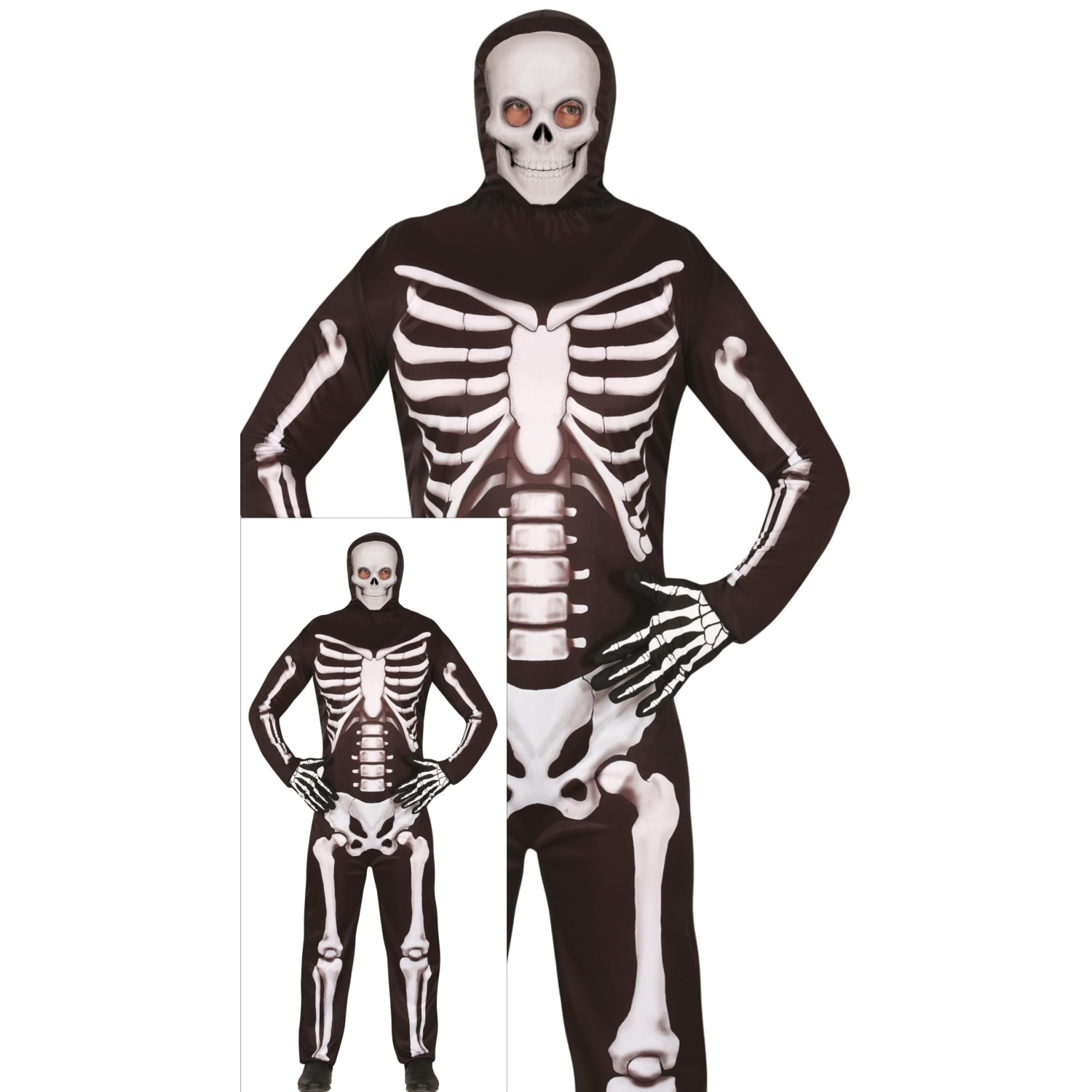 Fiestas Guirca Adult Skeleton Halloween Costume, Black And White Hooded Jumpsuit