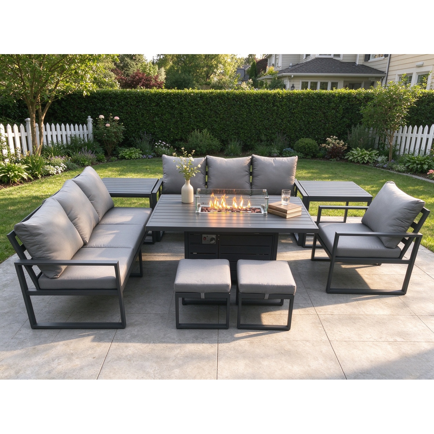 Fimous Unisex Dark Grey Aluminium Pieces Garden Furniture Sofa Set With Cushions 9 Seater Gas Fire Pit Dining Table Set With 2 Side Tables In Size 8 - Image 2