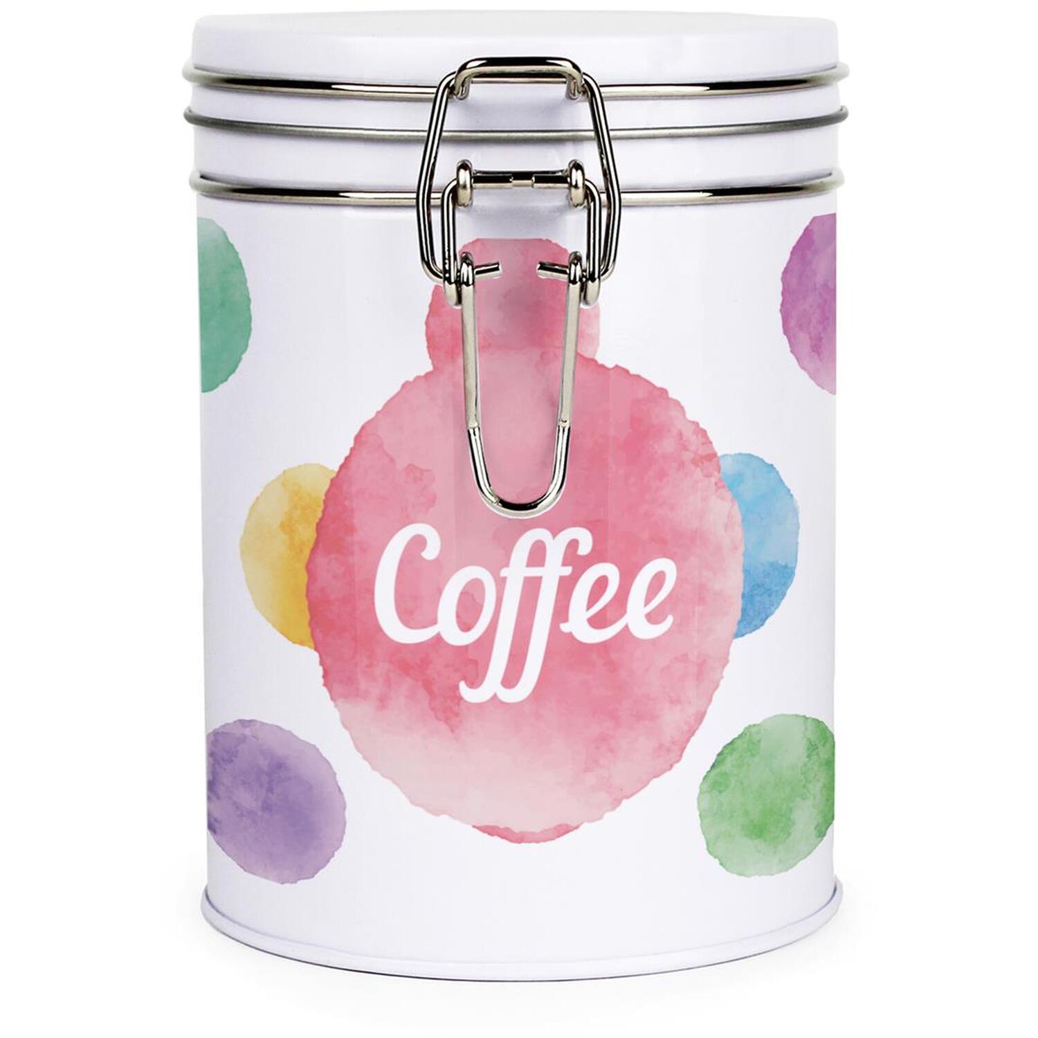 Polka Dot Coffee Canister - Multicoloured Metal Clip-Lid Kitchen Storage Gift - Image 2