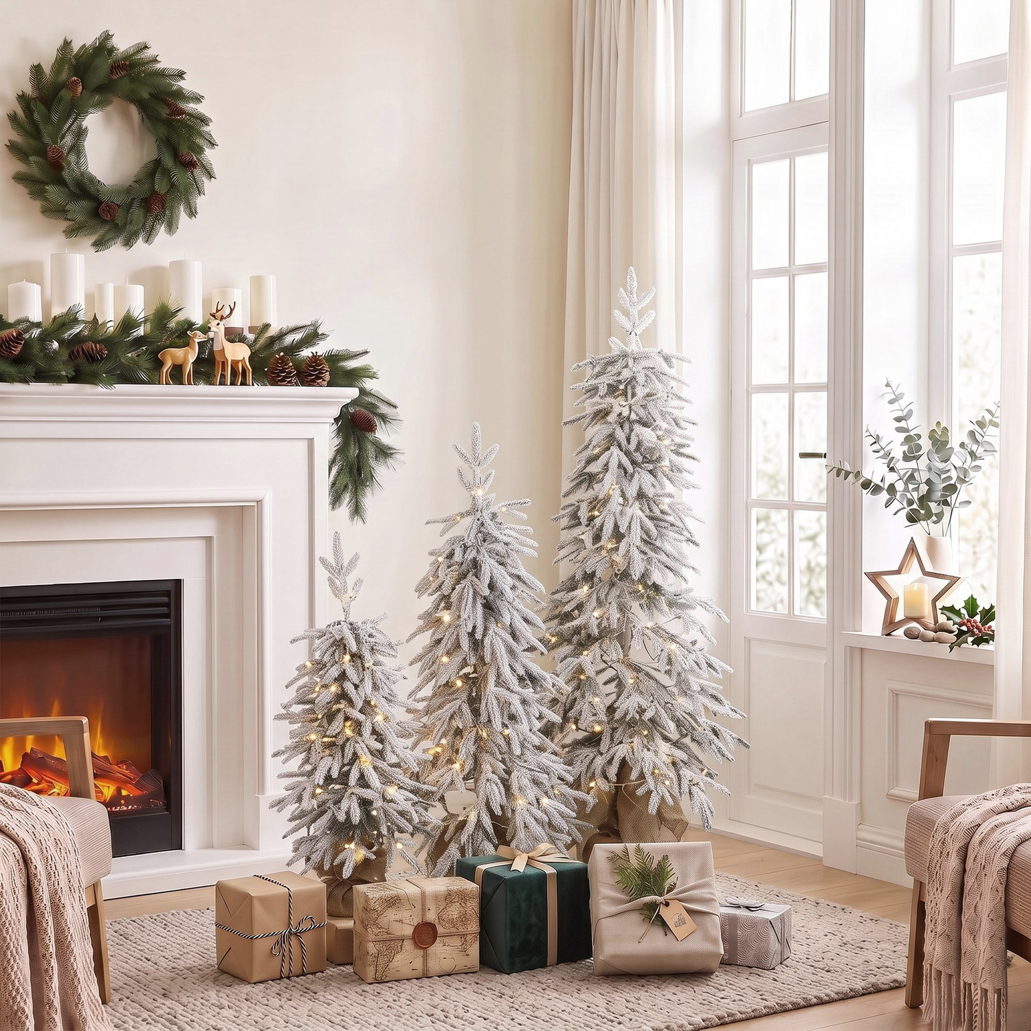 Homcom Green And White Prelit Flocked Artificial Christmas Tree Set Of 3 Snowy Xmas Tree Warm White Led Lights (3Ft+4Ft+5Ft) - Image 4