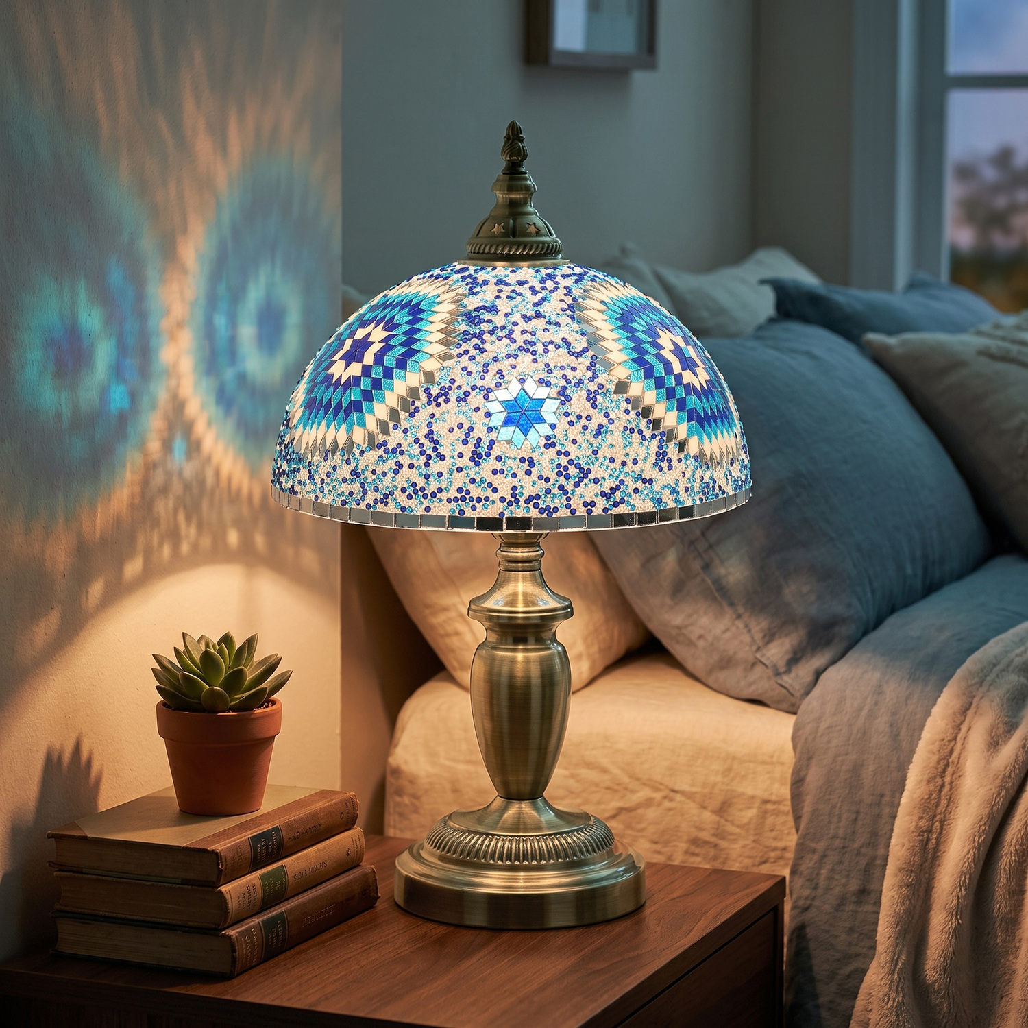 Homcom 30Cm Tiffany Lamp With Button Switch And Metal Base, Blue - Image 3