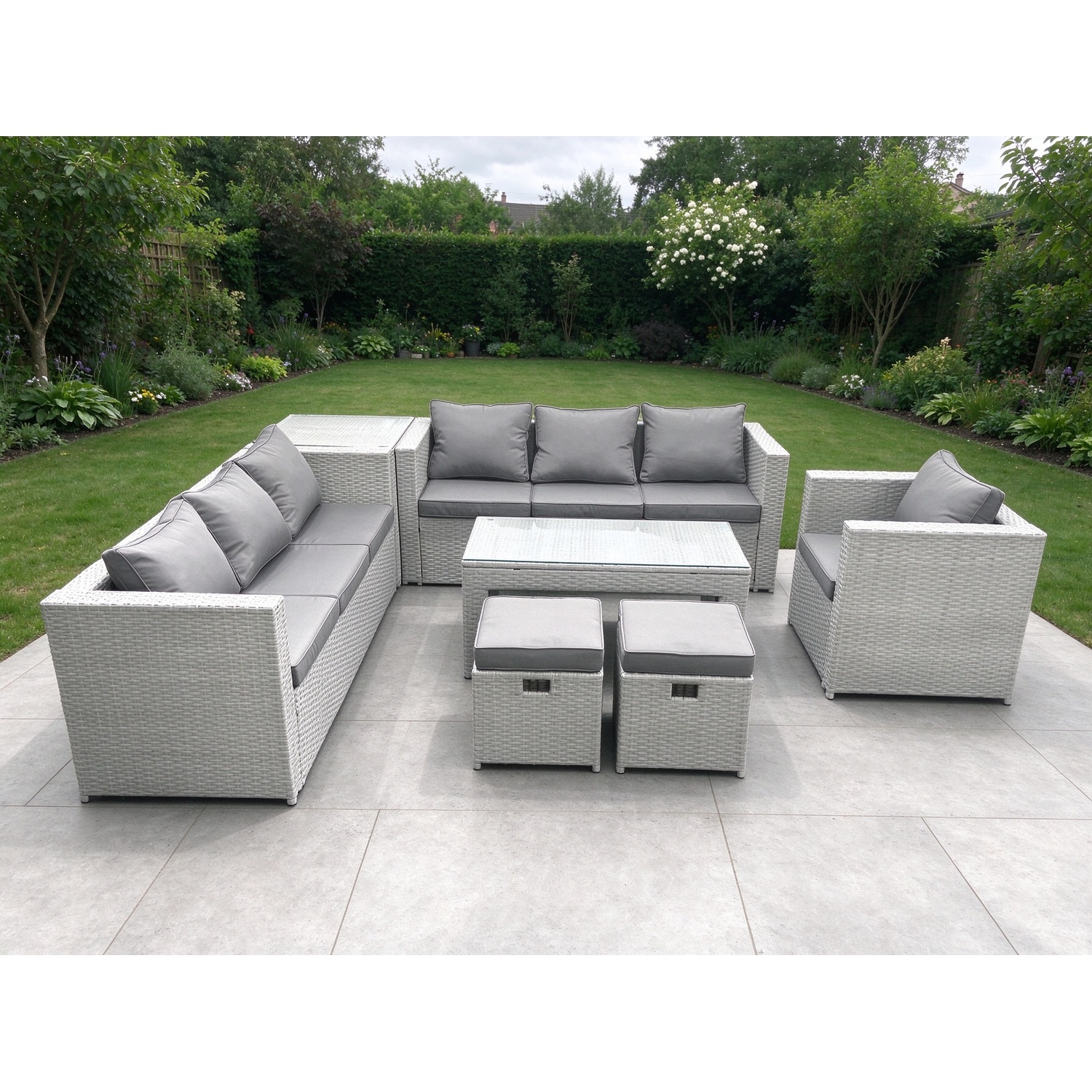 Fimous Wicker Pe Rattan Sofa Garden Furniture Set With Oblong Coffee Table Armchair 2 Small Footstools Side Table Light Grey Mixed - Image 3