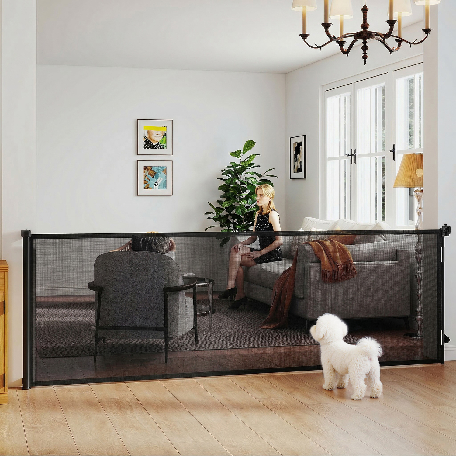 Pawhut Black Retractable Dog Gate, Extends To 300 Cm Wide & 104 Cm Tall, Mesh Pet Gate Single Hand Operation, For Stairs Doorways - Image 3