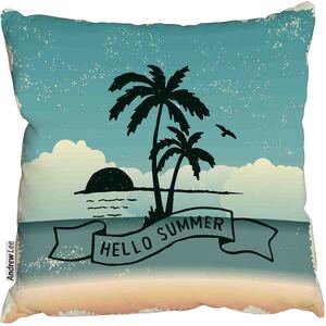 Sunset, palm trees and flying bird Cushion