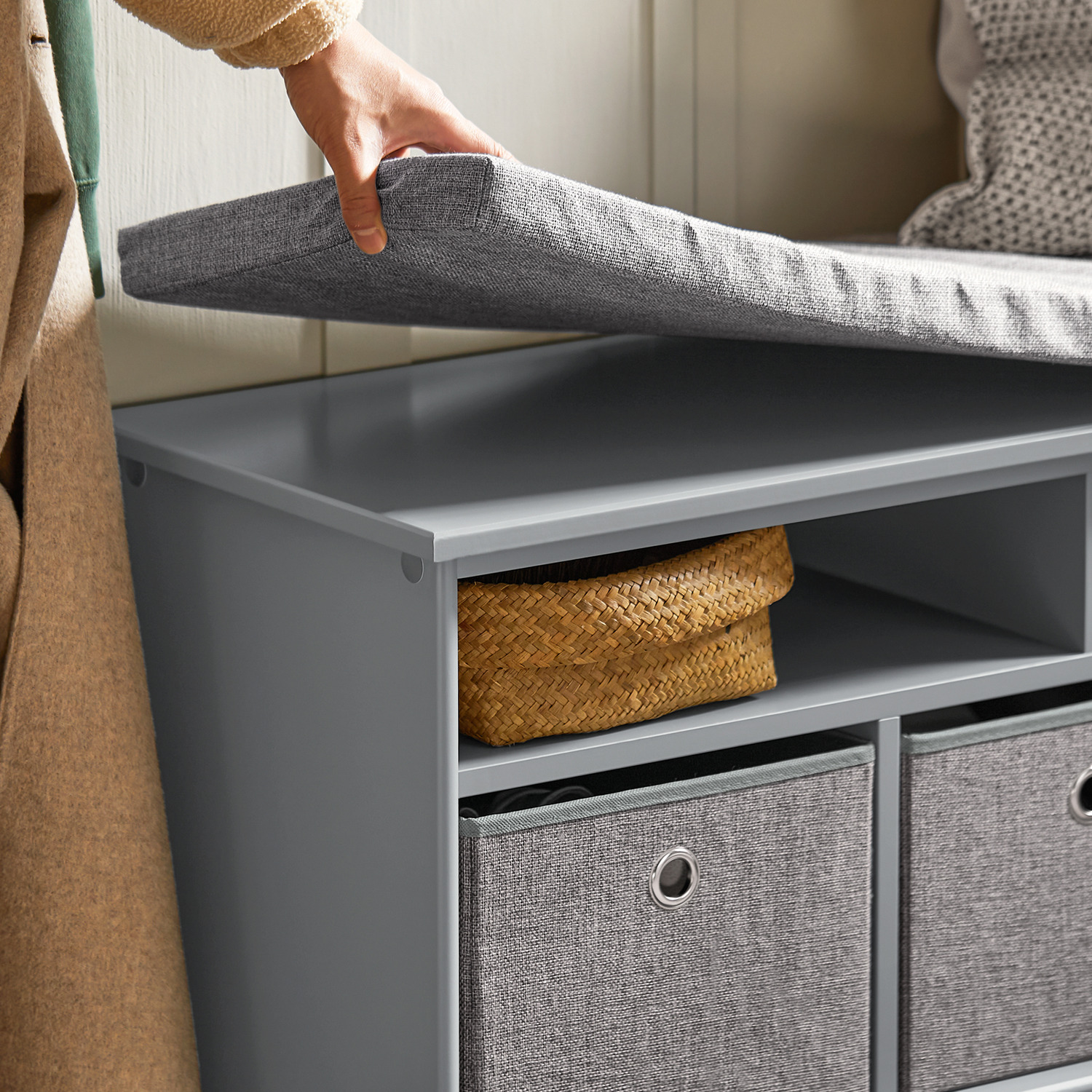 3 Basket Hallway Storage Bench - Grey