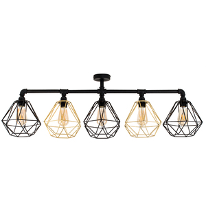 Luiggi 5 Way Black Ceiling Bar Light with Diablo Alternate Black Gold Wire Shade