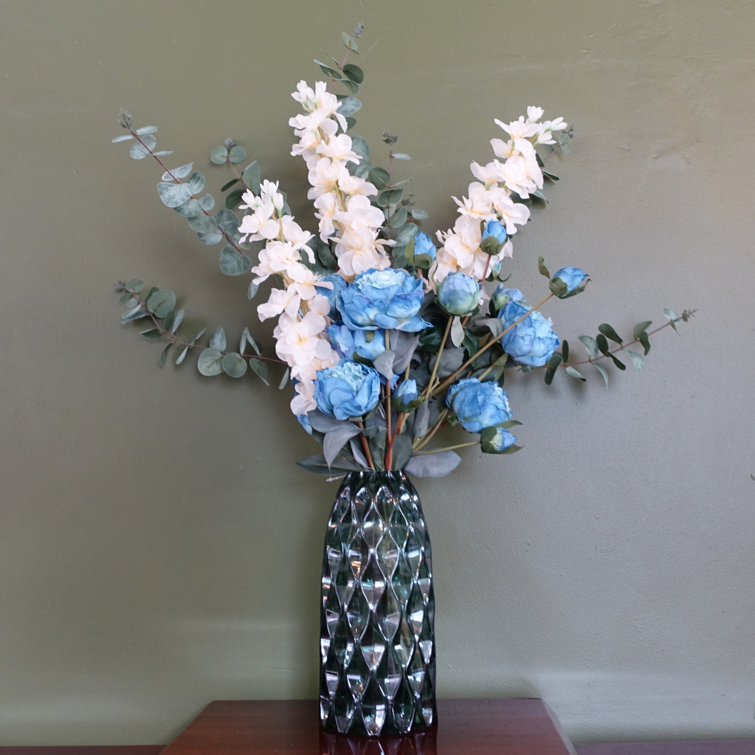 Blue Peony White Delphinium Eucalyptus Glass Vase - Blue Peony Delphinium Glass Vase
