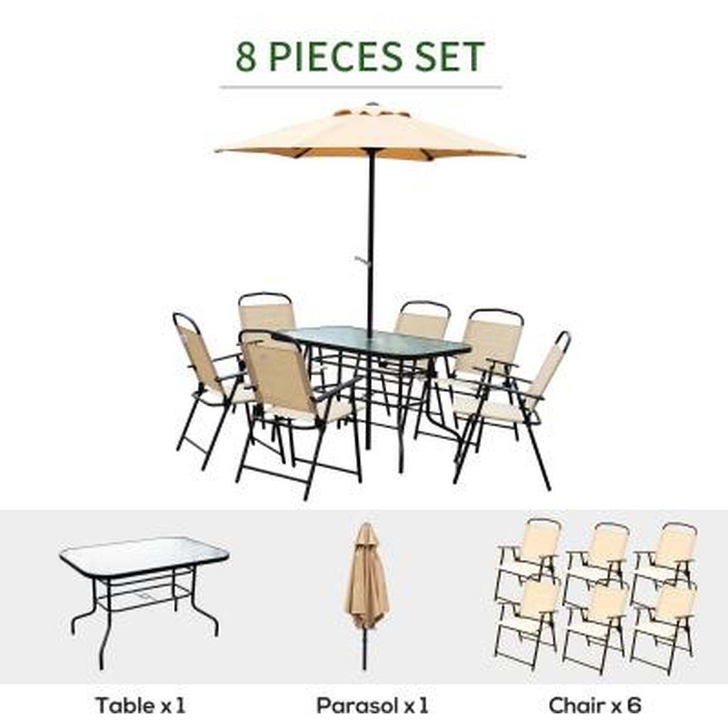 Dining Set Furniture Garden Foldable 6 Chairs Table With Parasol - Beige