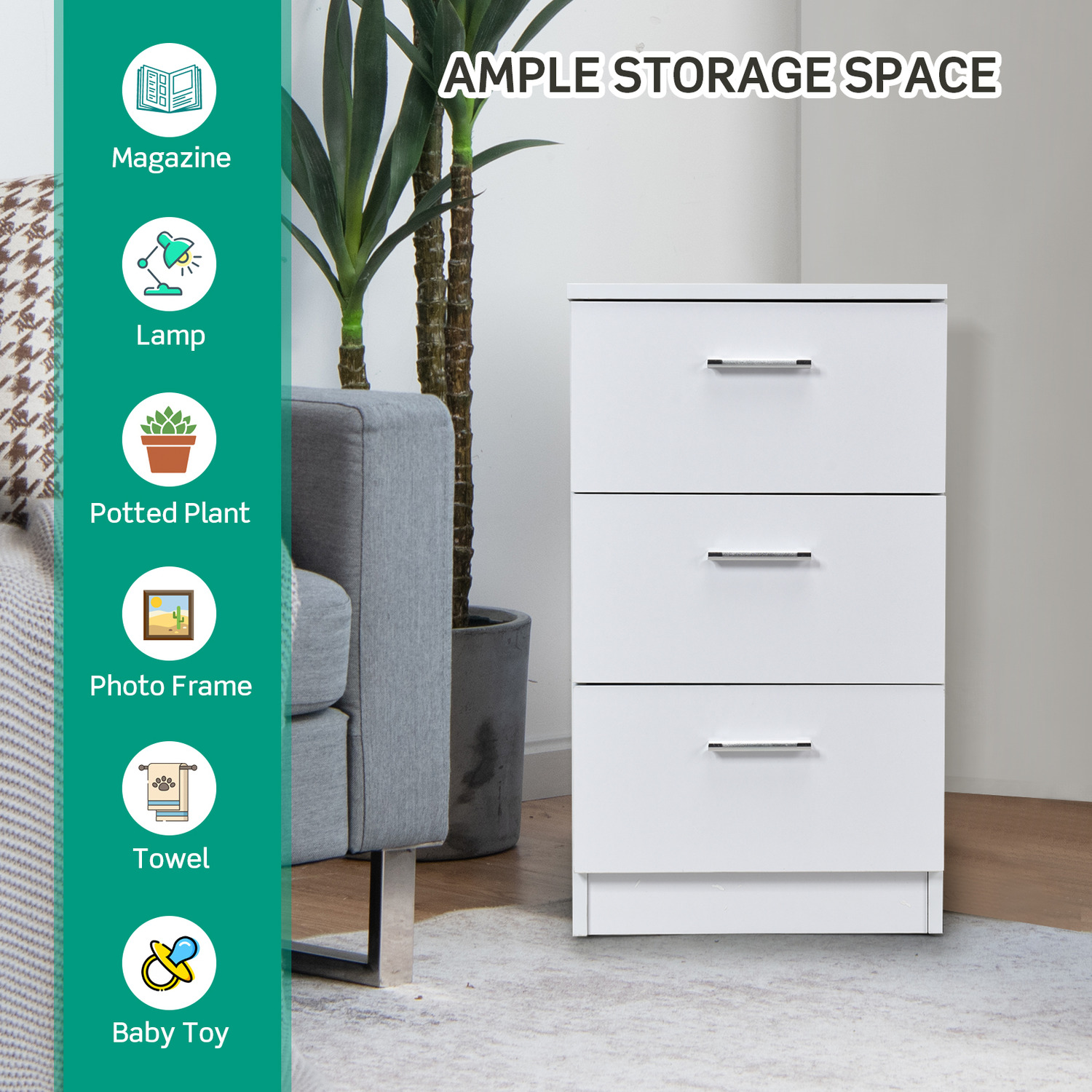 Bedside Table With 3 Drawers - White