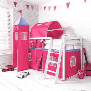 Moro Cabin Bed Midsleeper with Pink Tent, Tower and Tunnel in Classic White