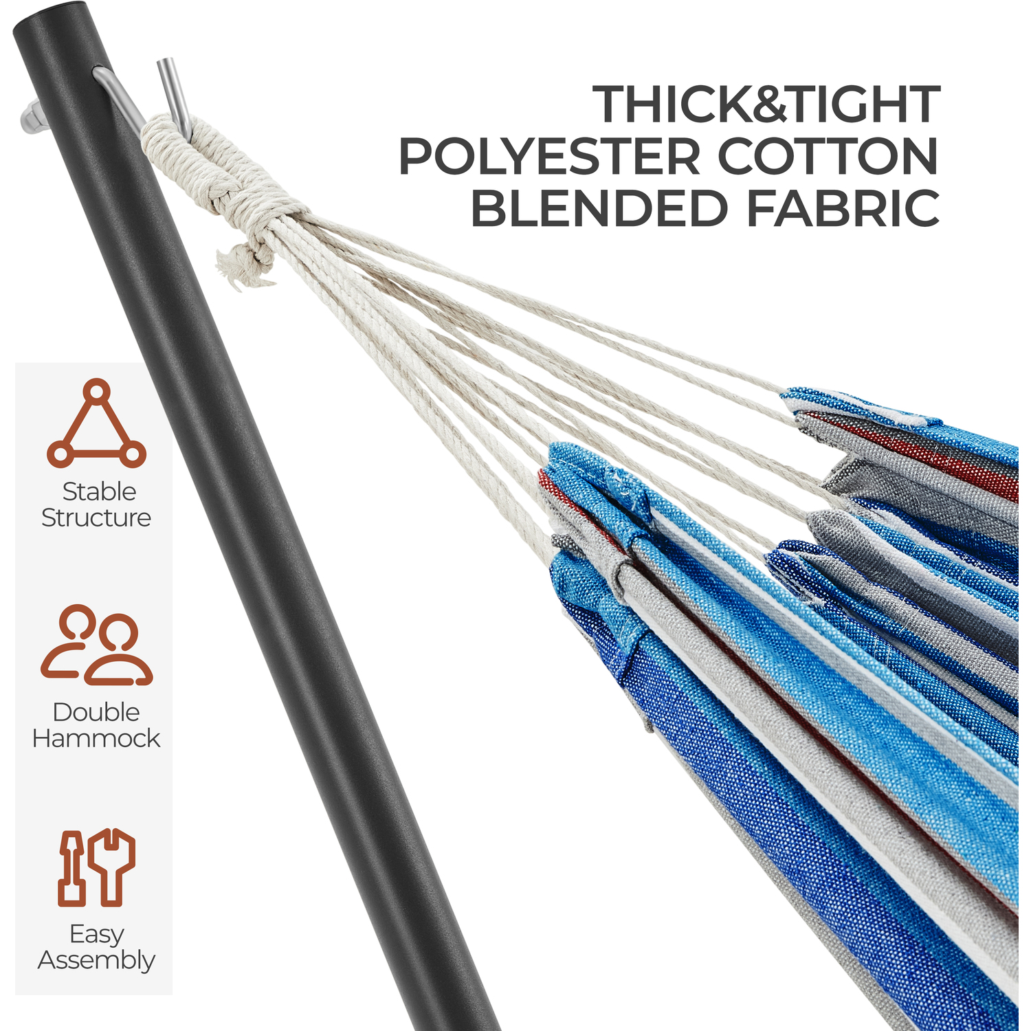 Double Adjustable Hammock With Steel Stand - Blue Red Stripe