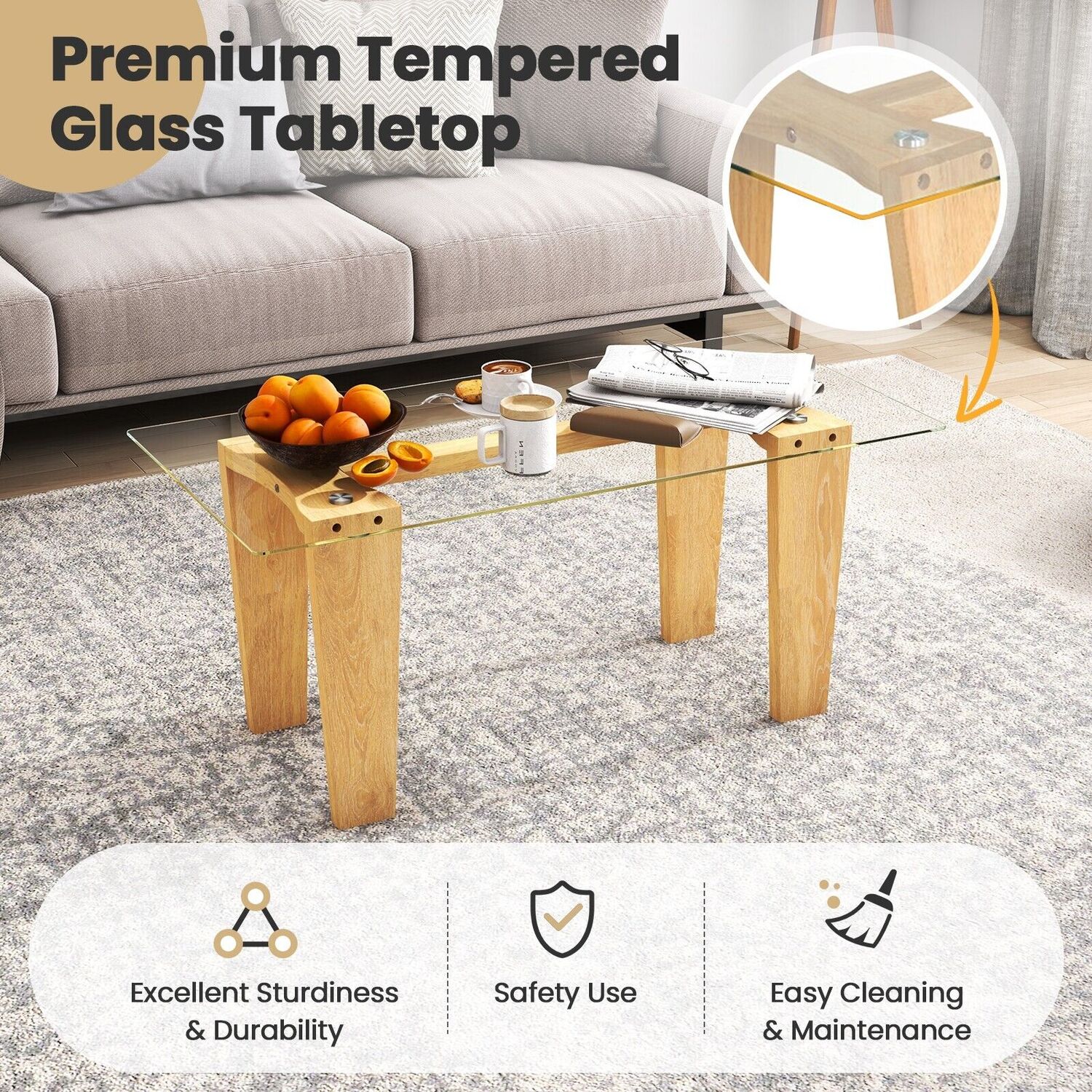 Tempered Glass Cocktail Center Table Coffee Table - Brown