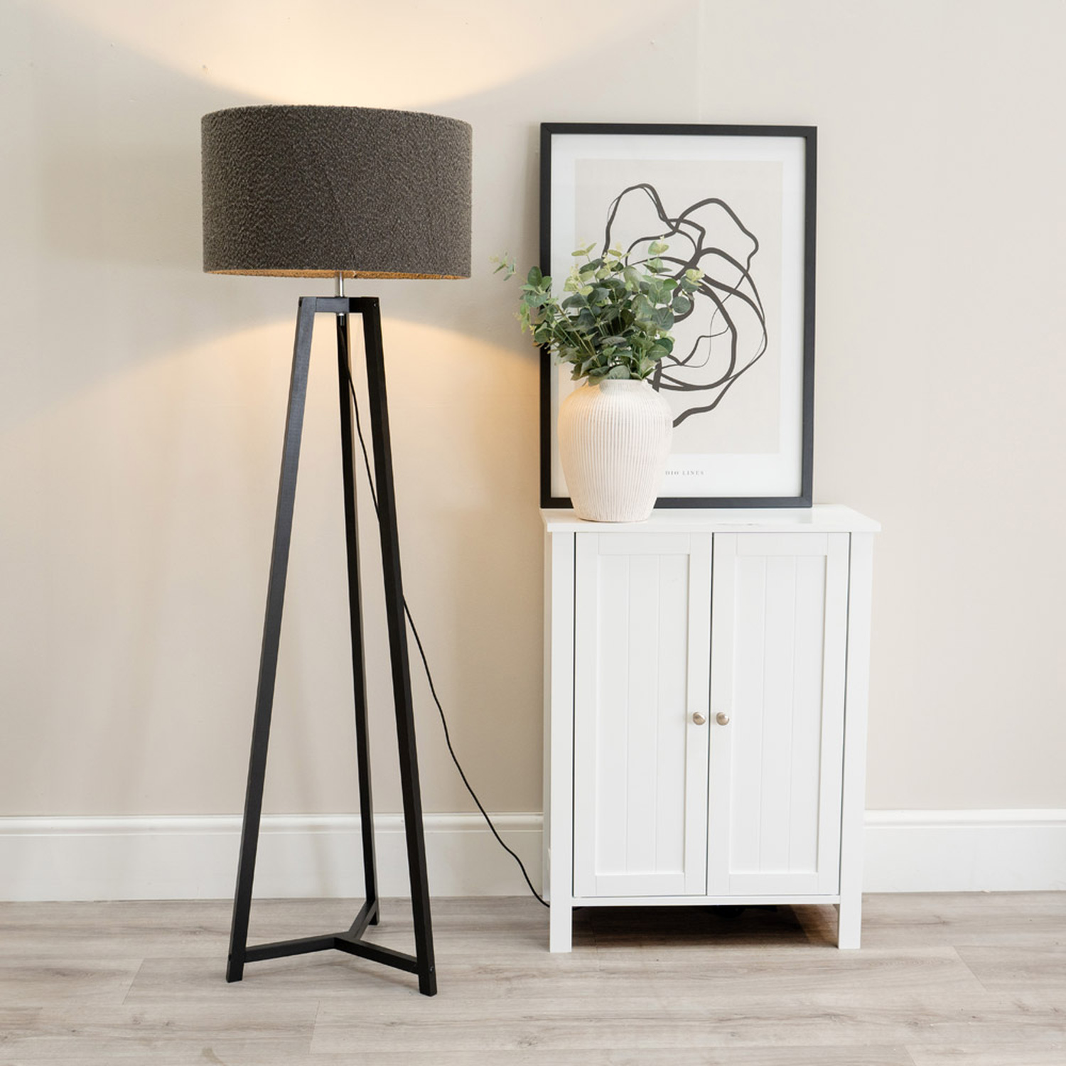 Lottie Floor Lamp with Boucle Drum Shade and LED Bulb - Charcoal