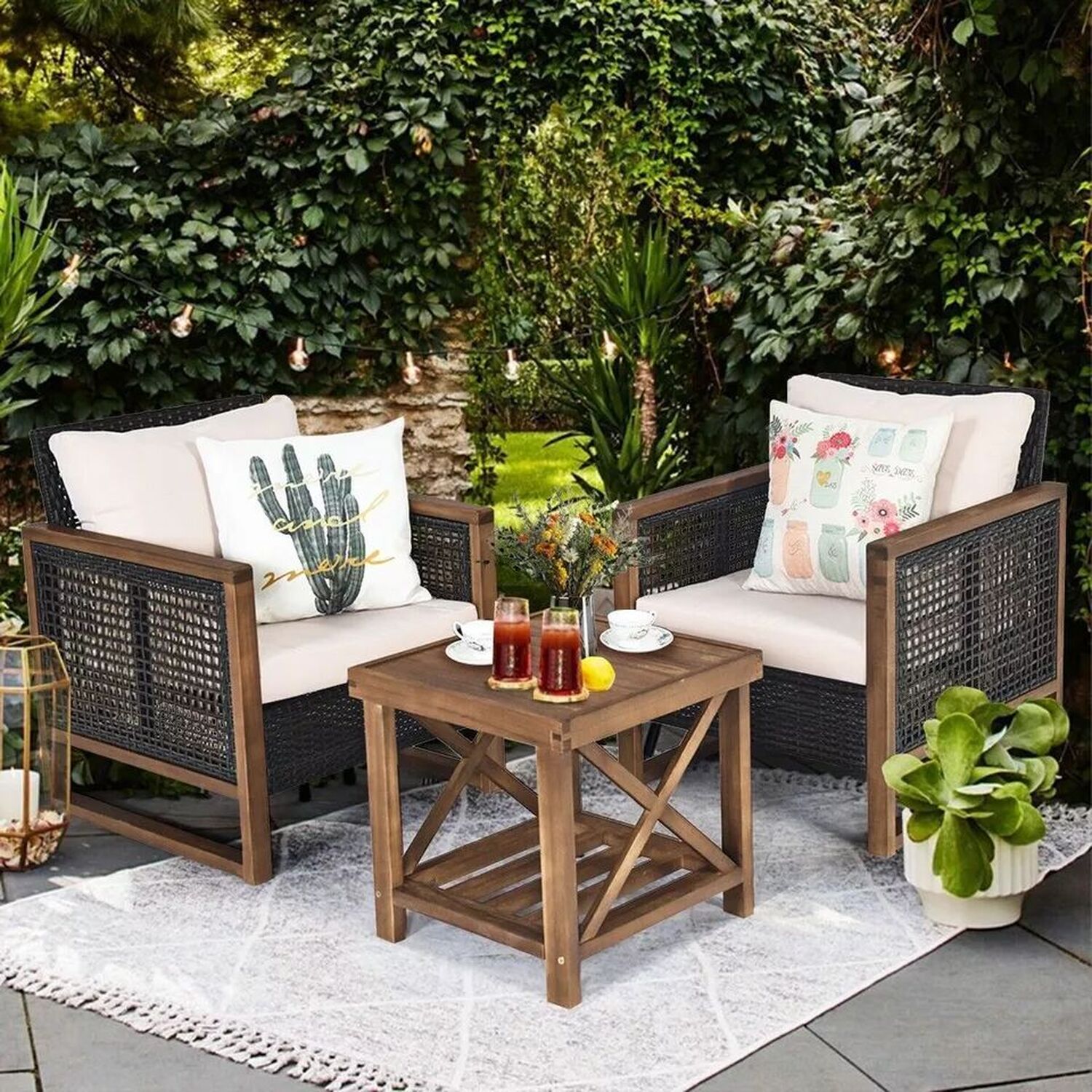 Outdoor Garden Bistro Set with Cushions - Black