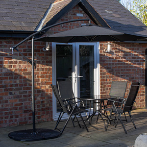 4 Person Glass Table Chairs With Black Banana Parasol and base