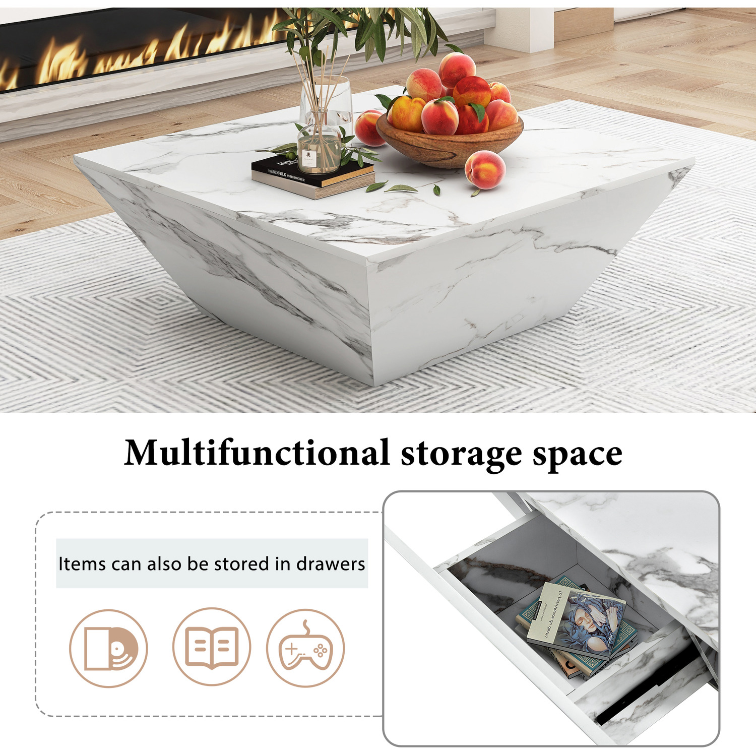 Square Marble Effect Coffee Table - White