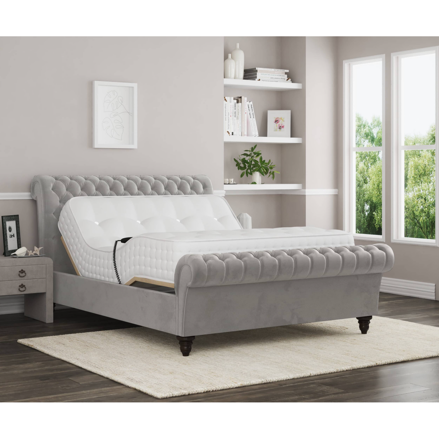 Lucia Electric Adjustable Upholstered Sleigh Bed Frame - Silver Double