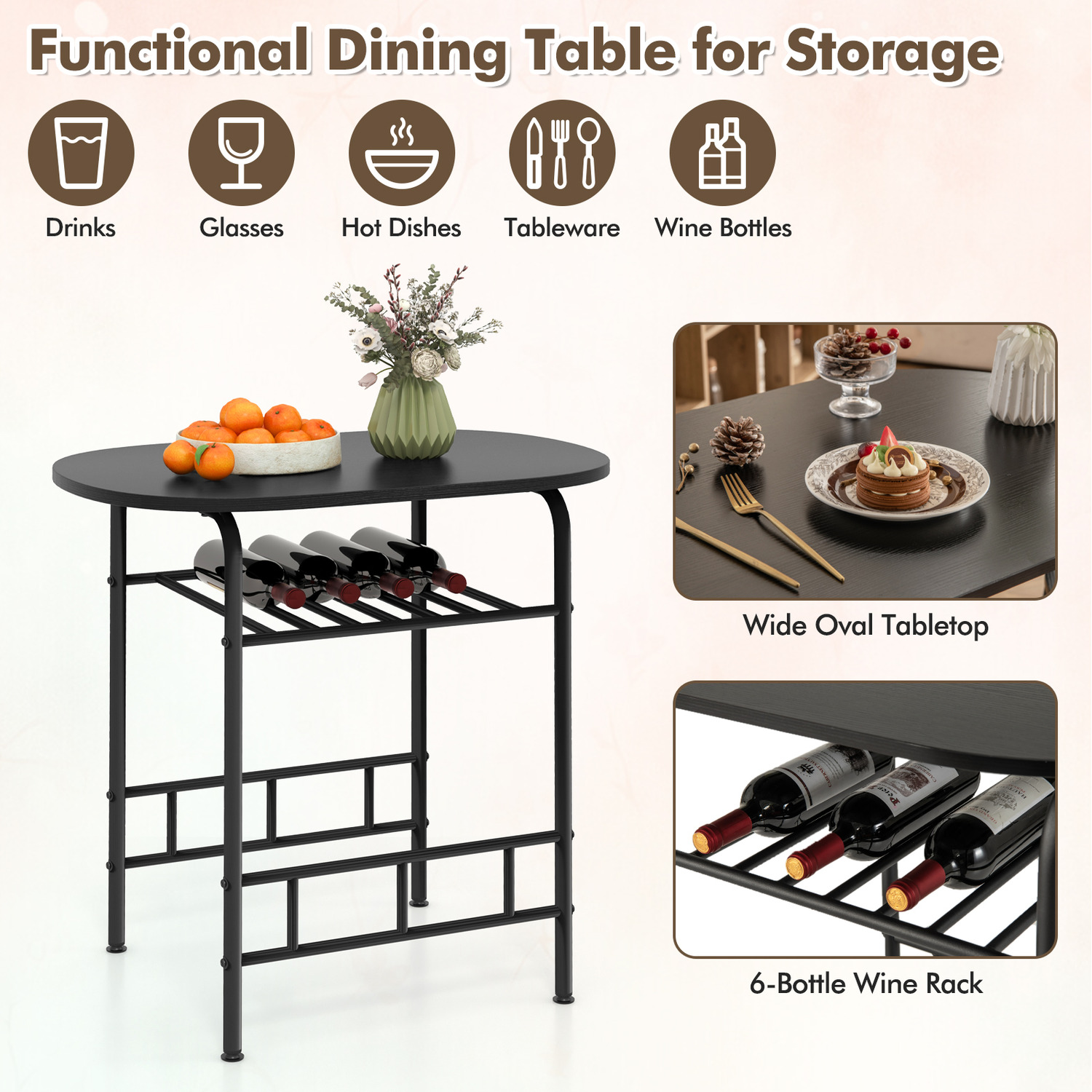3-piece Space-saving Dining Table Set - Black