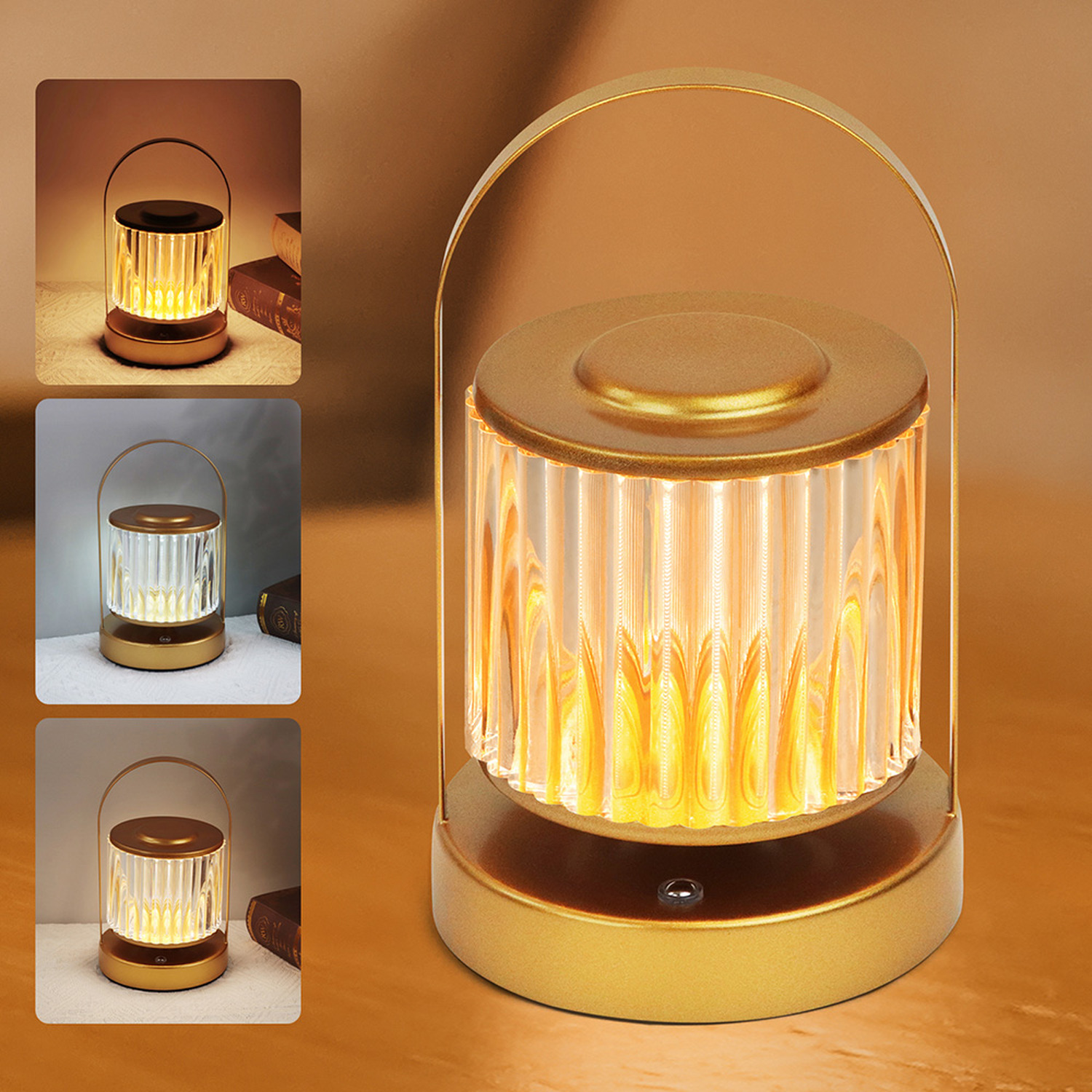 LED Crystal Lantern Table Lamp Rechargeable 3 Colour Light - Gold