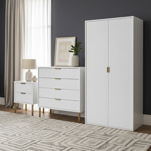 Ridged Bedroom Furniture Set White Wooden Wardrobe Bedside Table Wardrobe