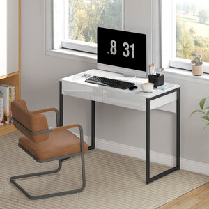 HOMCOM High Gloss Computer Desk with 2 Drawers for Small Spaces