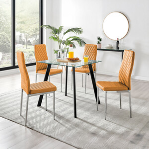 Seattle Glass and Black Leg Square Dining Table and 4 Milan Chrome Leg Chairs