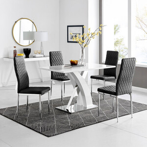 Atlanta 4 White Dining Table and 4 Velvet Milan Chairs
