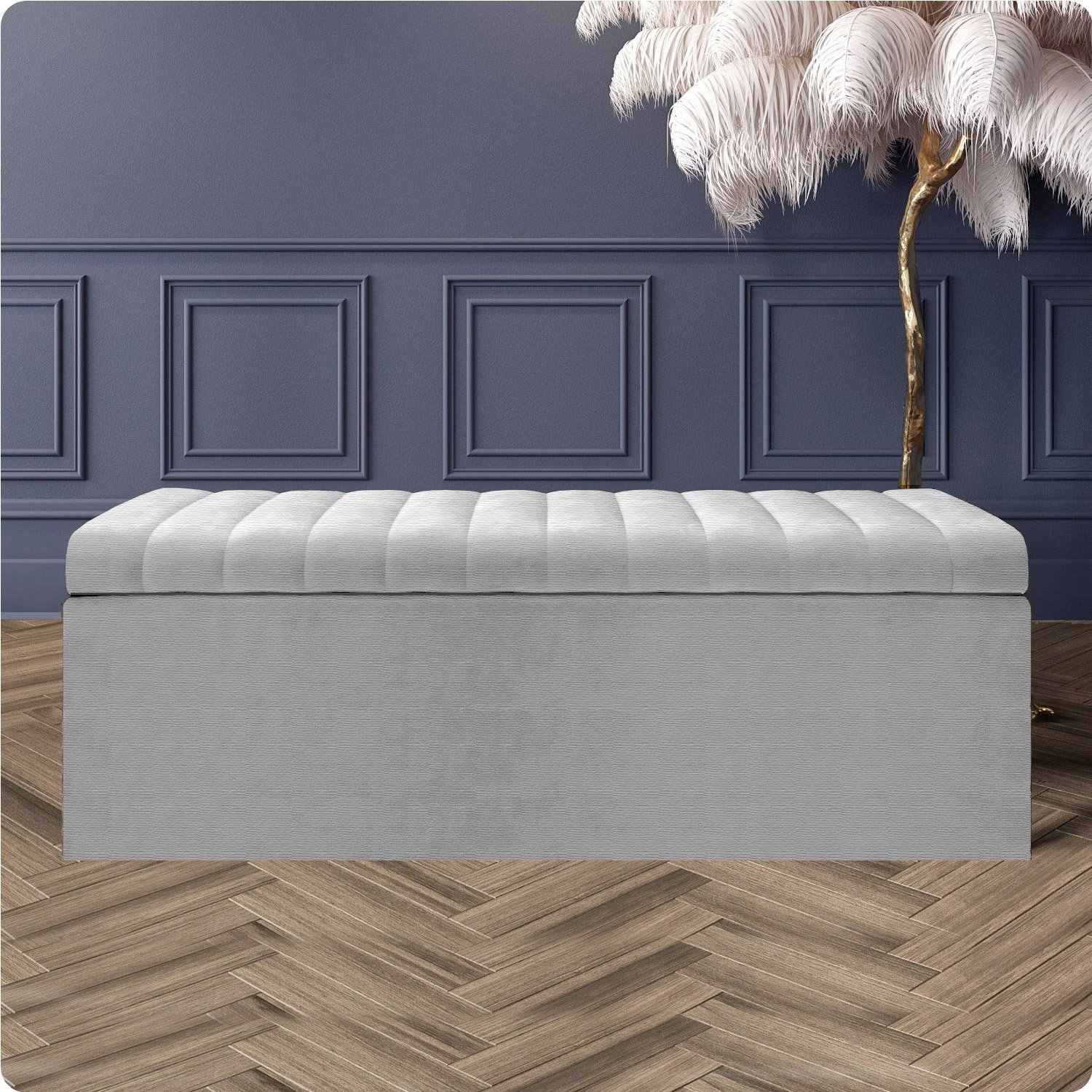 R&M Furnishers Safar Naples Ottoman Storage Box, Cream Striped Upholstered Blanket Chest & End Of Bed Bench - Silver Naples