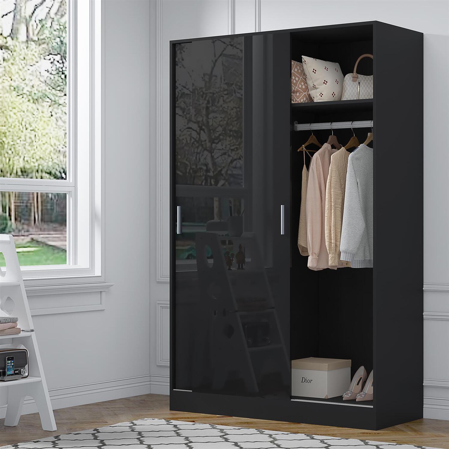 REFLECT Sliding Wardrobe 2 Door - Black High Gloss Front / Black Oak Matt Finish - Black Gloss / Matt Black