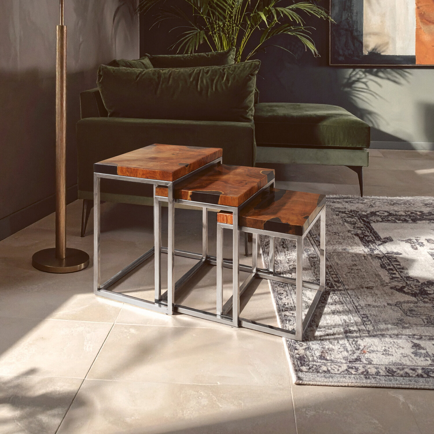 Fifty Five South Surak Set Of 3 Teak Wood Nesting Tables - Black, Silver, Natural