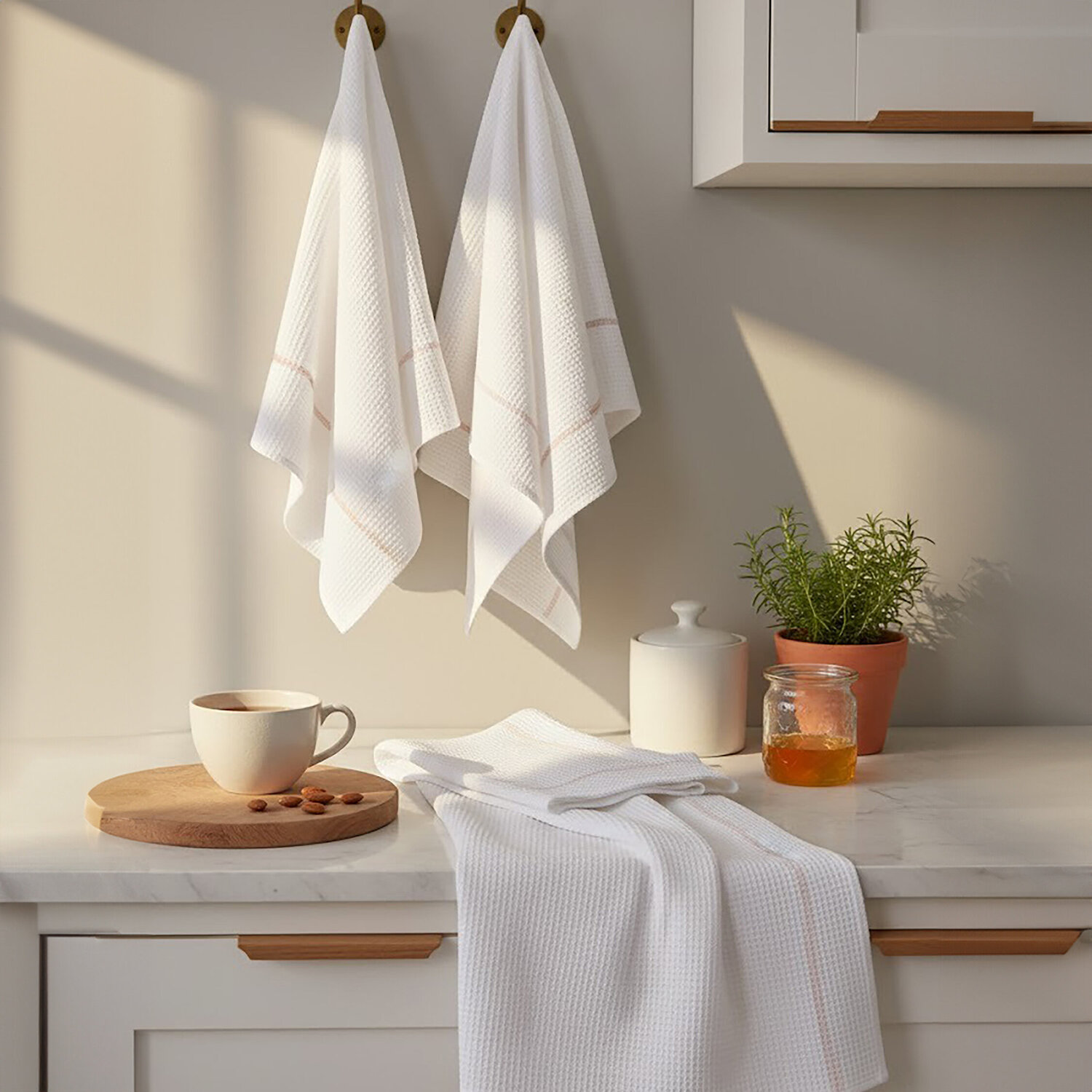 Maison By Premier Doro Set Of 3 White And Almond Waffle Tea Towels - White