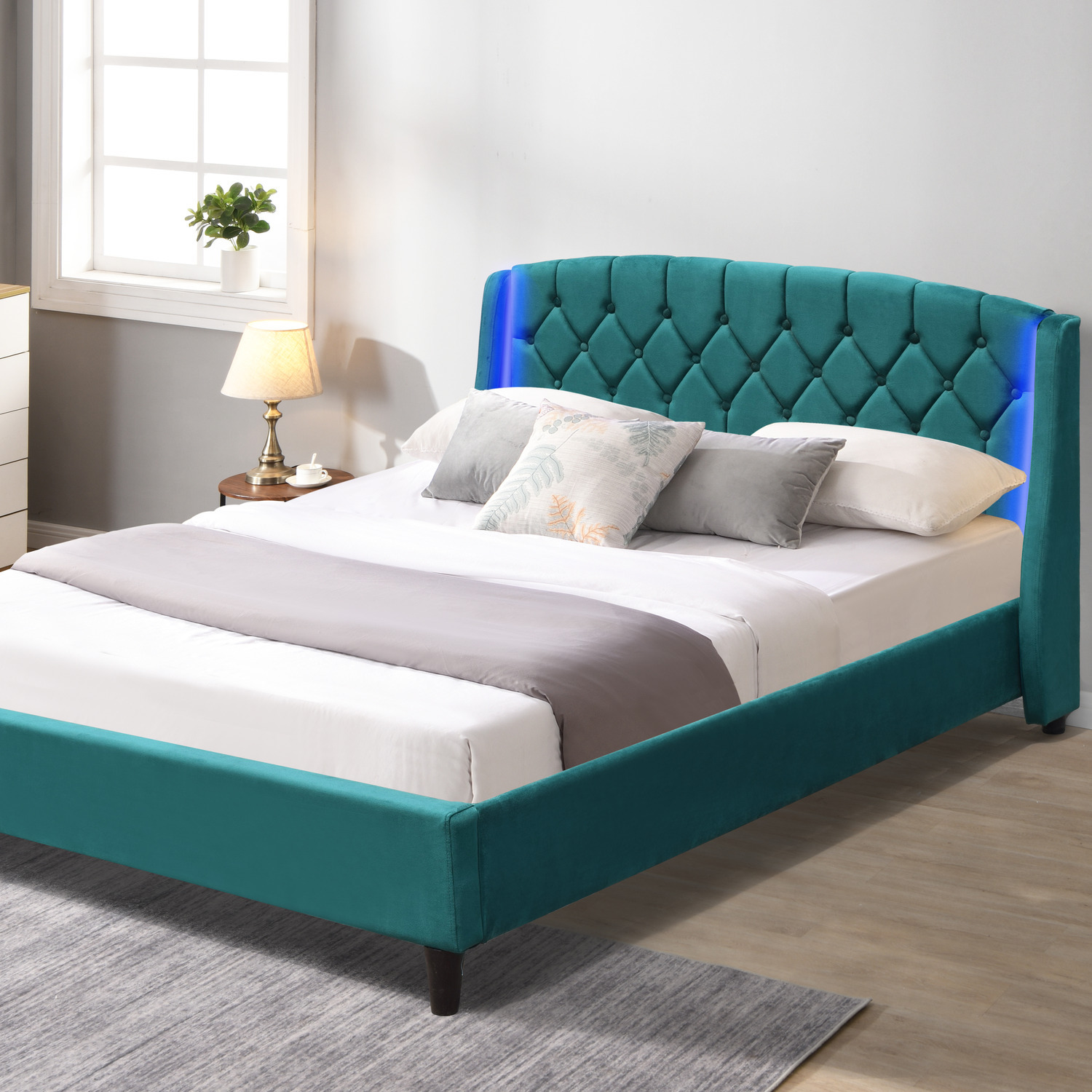 Fabric Bedframe In Grey Or Green In 3ft 4ft6 Or 5ft With Led Headboard - Green King