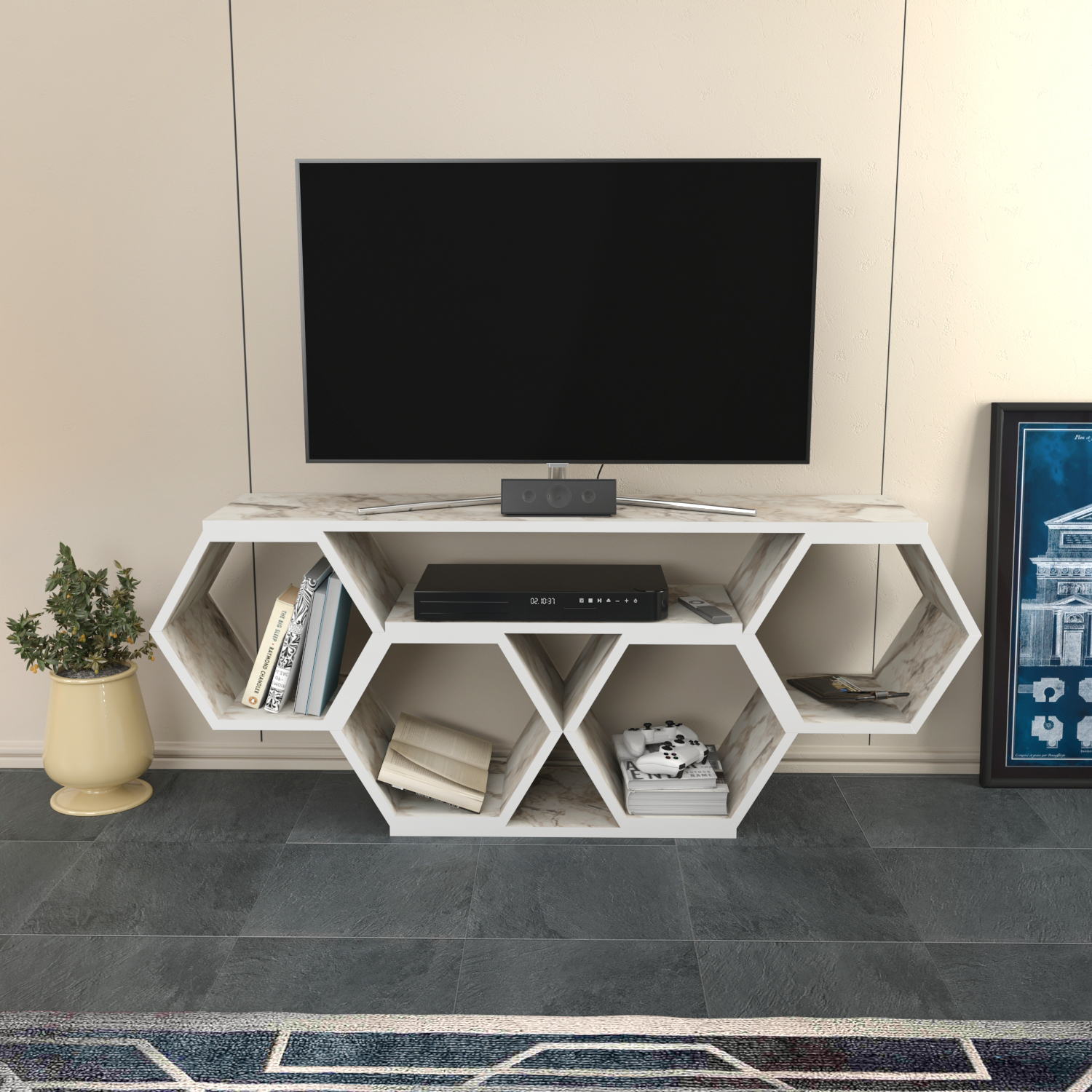 Honey TV Unit TVs up to 55'' - White Marble Effect