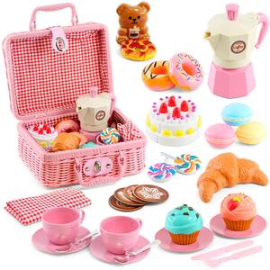 Play Food Picnic Basket & Tea Set - 30 pcs Kids Pretend Play