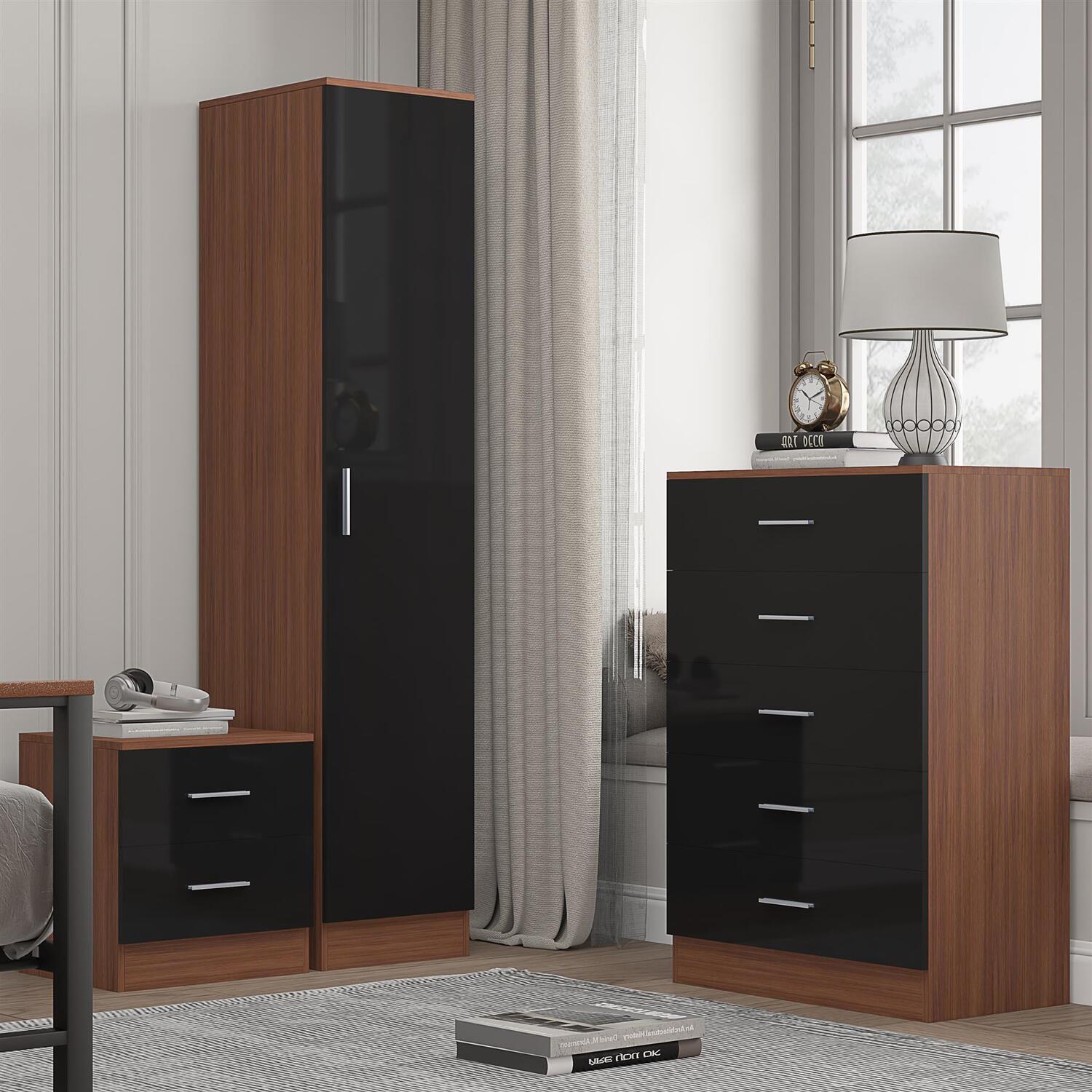 B&Q - 1 Door Plain Wardrobe5 Drawer Chest2 Drawer BedsideBlack Gloss & WalnutBedroom Furniture Set - Image 6