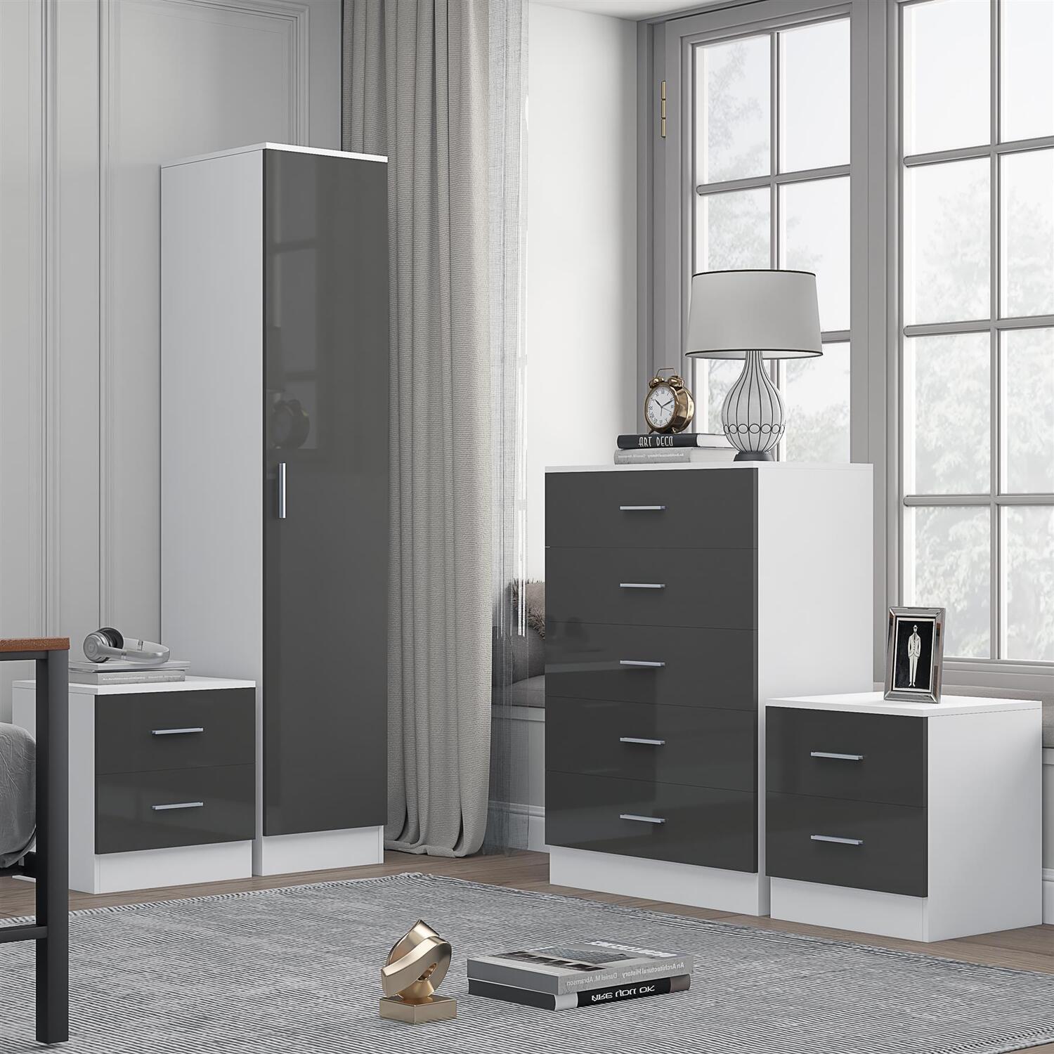 B&Q - 1 Door Plain Wardrobe5 Drawer Chest2X 2 Drawer BedsidesGrey Gloss & Matt WhiteModern Bedroom Furniture Set - Image 6