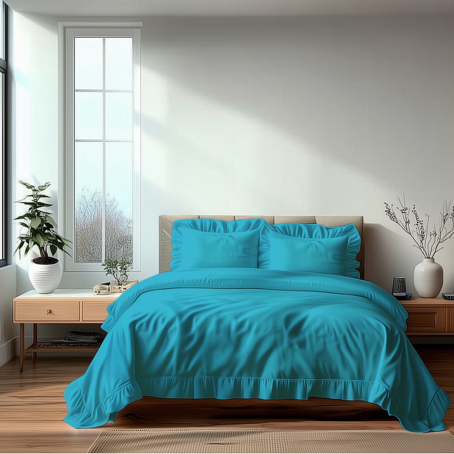 Duvet Cover And Pillowcase Set Pink Teal White Green Silver Frilled Design Polycotton Linen - Teal / Superking