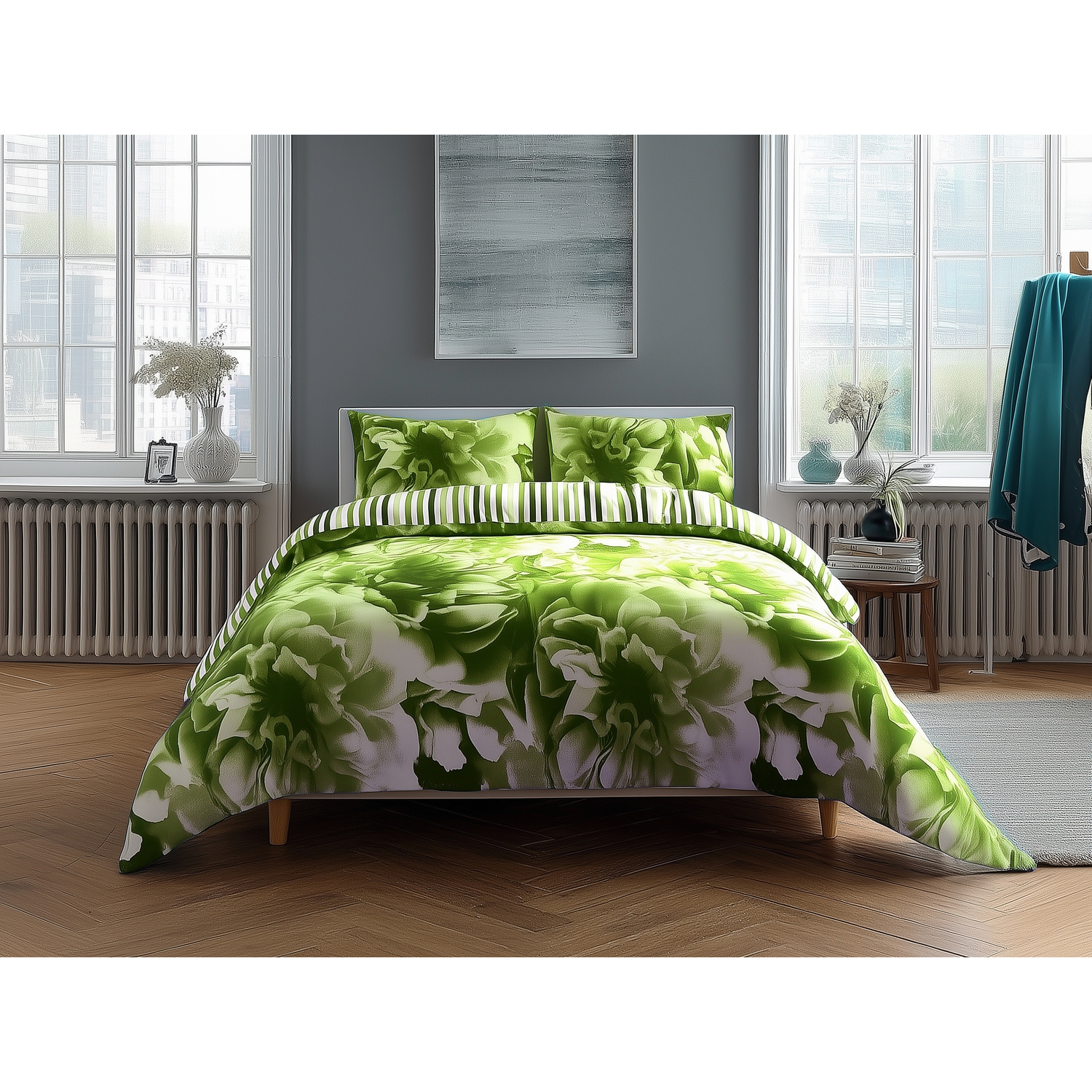Snug City Duvet Cover & Pillowcase Set Reversible Rose & Stripe Design Polycotton Bed Linen in Lime | Size: Double