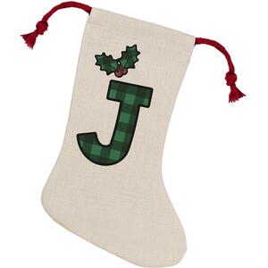 Green Tartan Alphabet Letter J Stocking - Novelty Xmas Gift - Linen-Style With Red Drawstring Ties