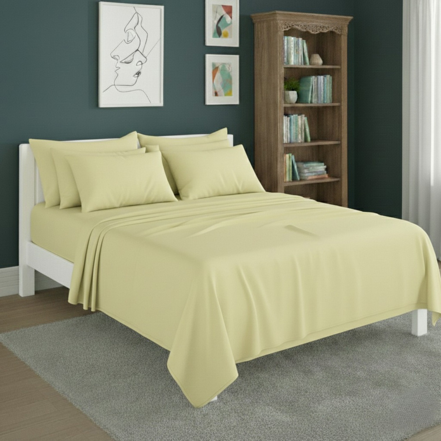 Snug City Plain Poly Cotton Easy Care Fitted Flat Sheet Matching Pillowcases Set in Lemon | Size: King