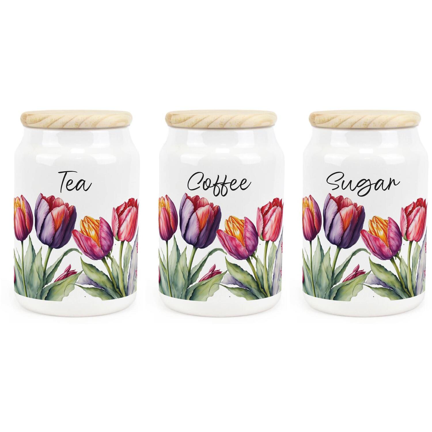 B&Q - Tulips Ceramic Tea Coffee Sugar CanistersPink & Purple Floral Gift For GardenersKitchen Storage Container & Wooden Lid 600Ml - Image 2