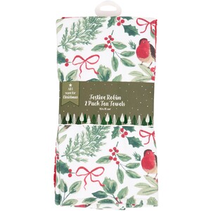 Pack of 2 Festive Robin Print Tea Towels