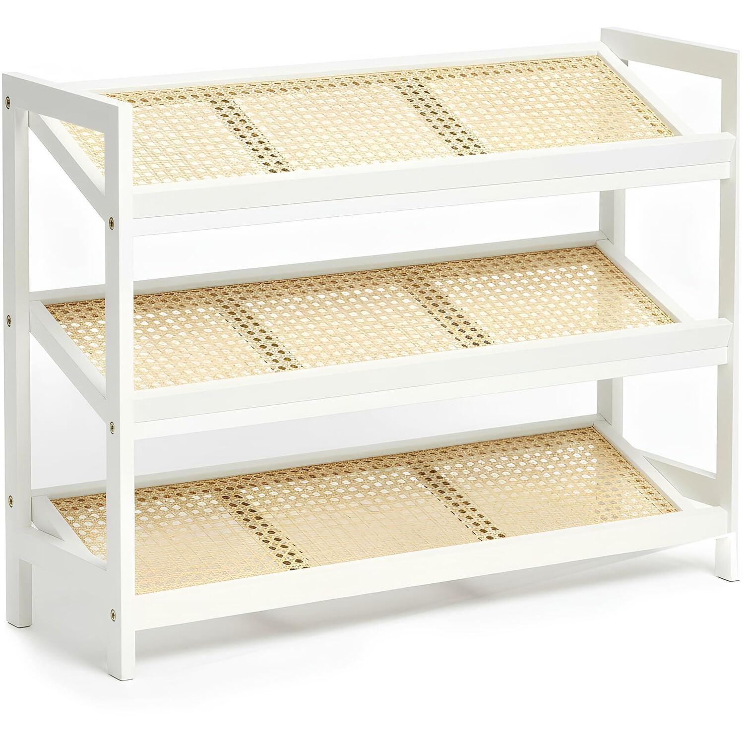 Keplin Bamboo And Rattan Shoe Rack Organiser, White And Natural, 3 Tier - Image 2