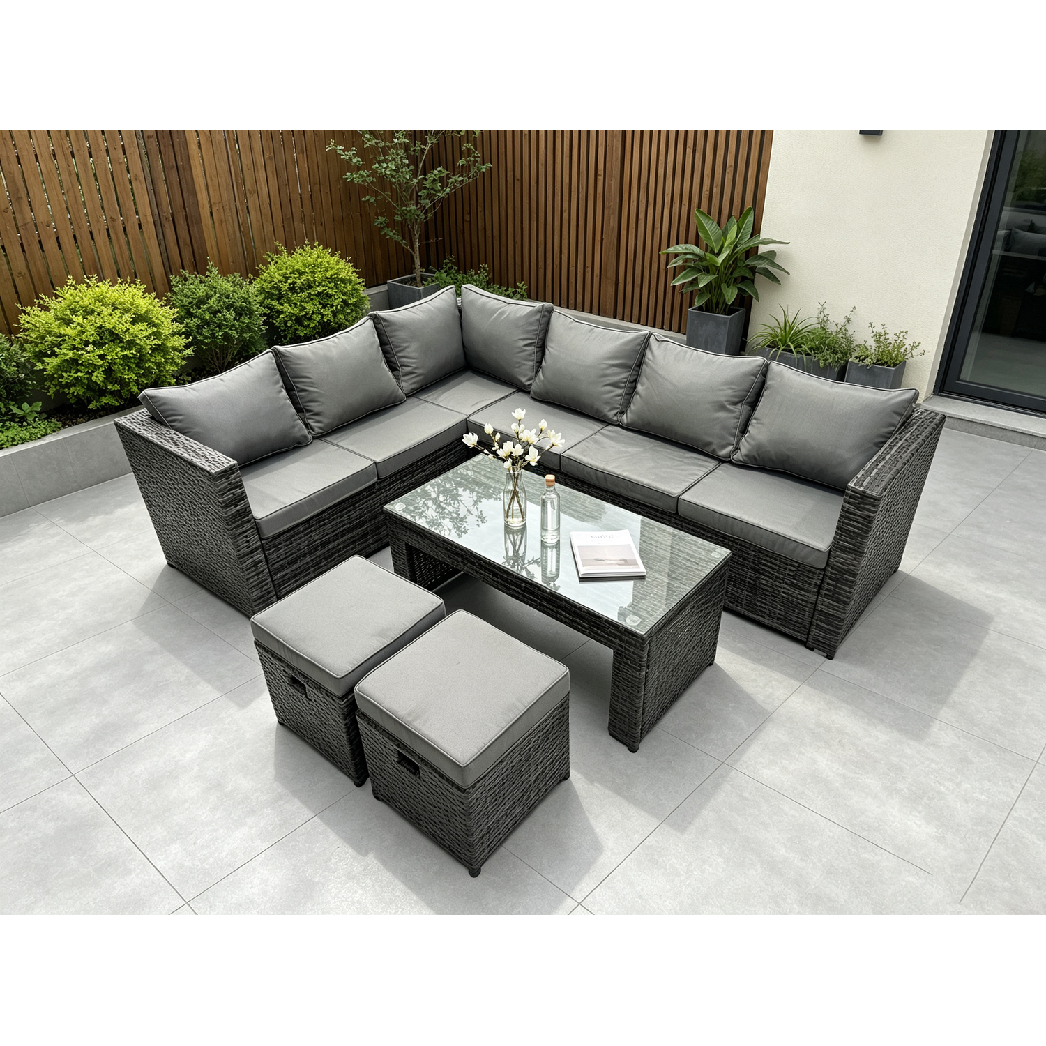Fimous Dark/Grey 8 Seater Rattan Left Hand Corner Sofa Set With Coffee Table & 2 Stools - Mixed - Image 2