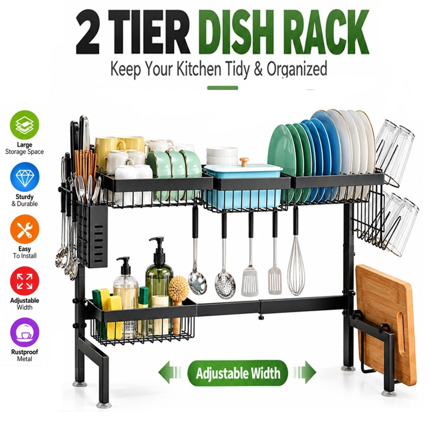 B&Q - 2-Tier Dish Drainer Rack Over The Sink,expandable (26"- 33.5") Metal Kitchen Sink Drying Racks With Utensil Cutting Board Holder - Image 2