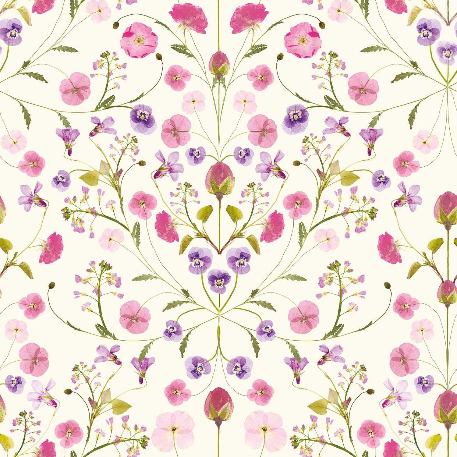Sample of Petal Reflection Wallpaper in Pinks and Lilac on Cream