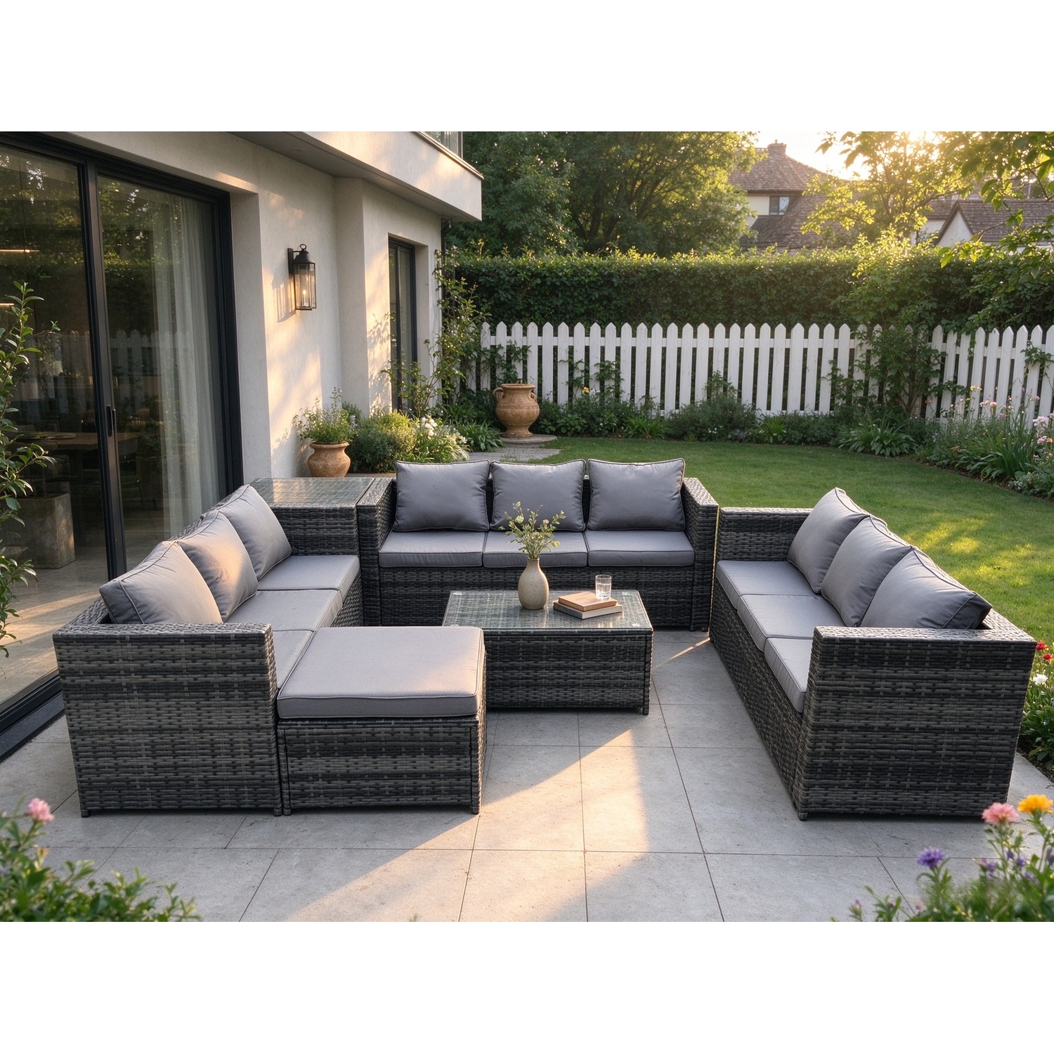 Fimous 10 Seater Outdoor Lounge Sofa Set Wicker Pe Rattan Garden Furniture Set With Oblong Coffee Table Side Table Big Footstool - Image 3