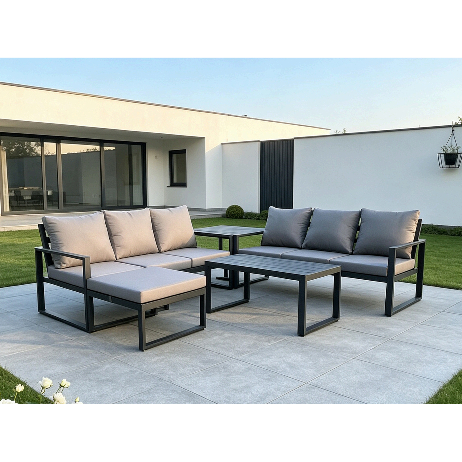 B&Q - Aluminium 5 Pieces Outdoor Garden Furniture Lounge Sofa Set With Oblong Coffee Table Big Footstool Side Table Dark Grey - Image 2