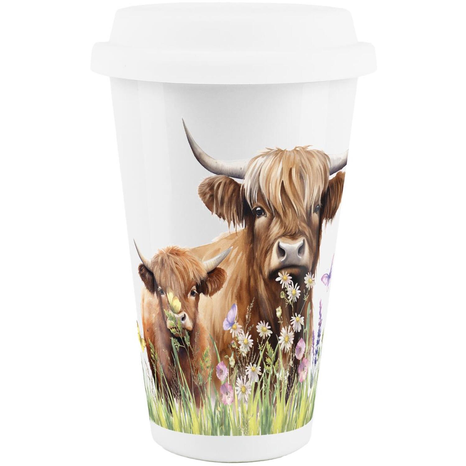 Purely Home Highland Cow & Calf Porcelain Travel Mug - Brown