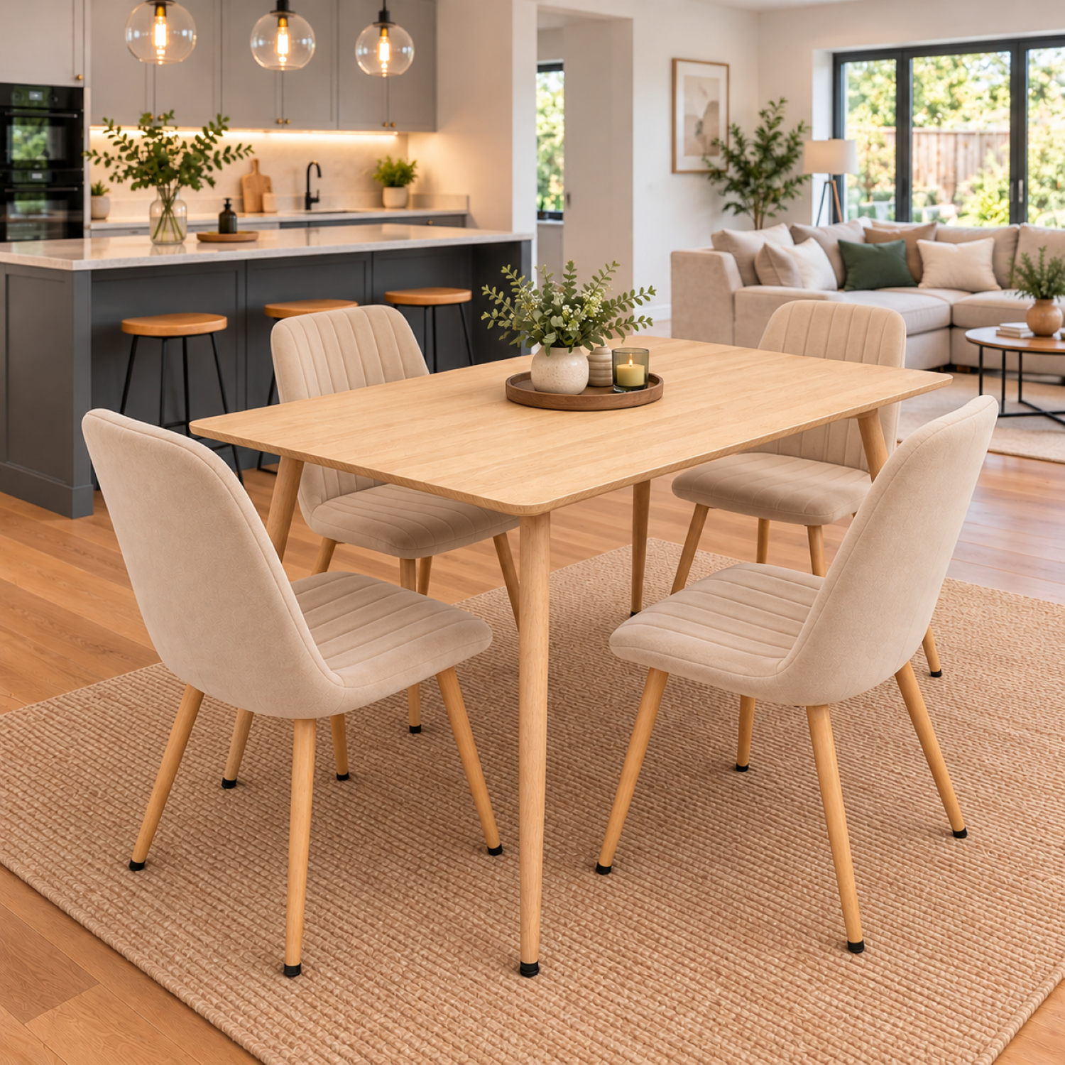 Kosy Koala Dining Table Set With 4 Beige Velvet Chairs & Metal Legs, Rectangular Wood-Effect, 120 Cm